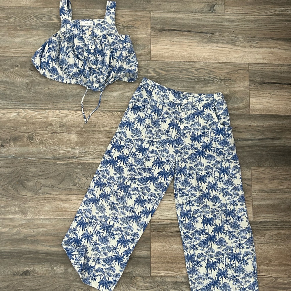 Mango MNG kids girls blue white matching outfit pants and tank size 8